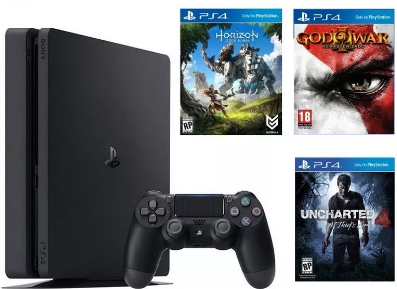 PS4 Slim with God of War 3 Remastered, Horizon Zero Dawn, Uncharted 4 ...